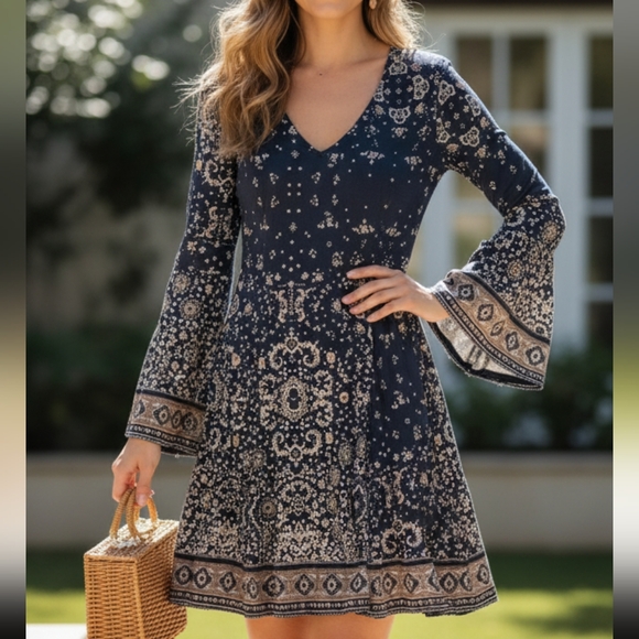 Cecico | Women Bell Sleeve Flare Dress M Boho Print Hippie Festival Fairycore - Picture 1 of 7